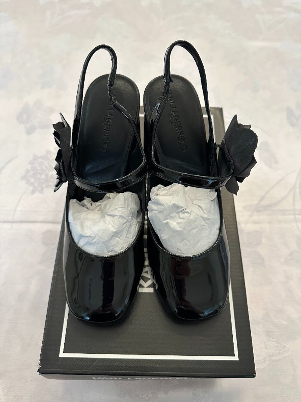 Karl Lagerfeld Pierra Black Patent Floral Mary Jane Slingback Heels 7.5